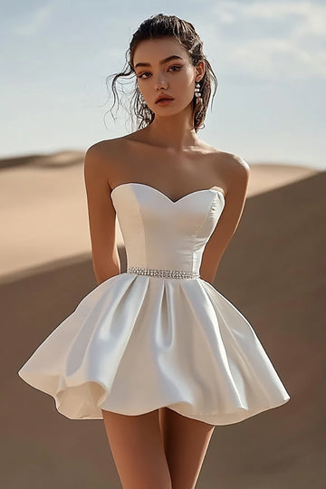 White Sweetheart A Line Satin Short Graduation Dress with Beading